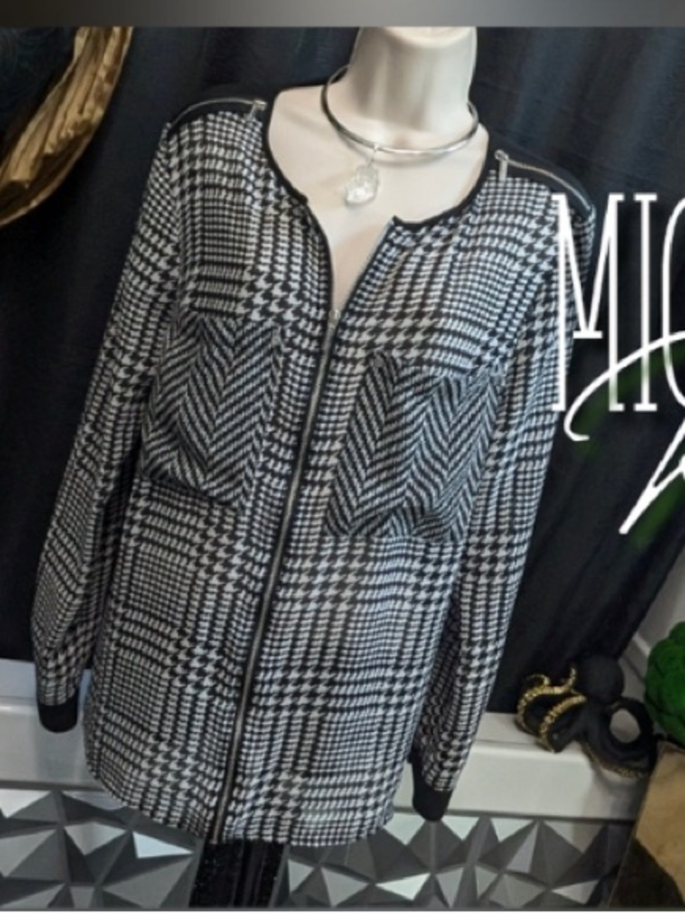 Michael Kors Houndtooth Sheer Zip Up Blouse in Medium